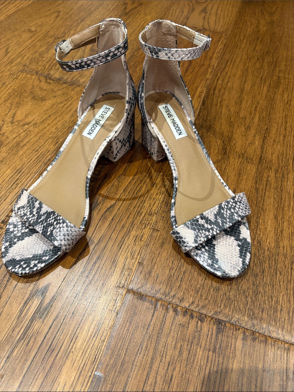 Steve Madden Snake-Print Block Heel Sandals in Beige and Black